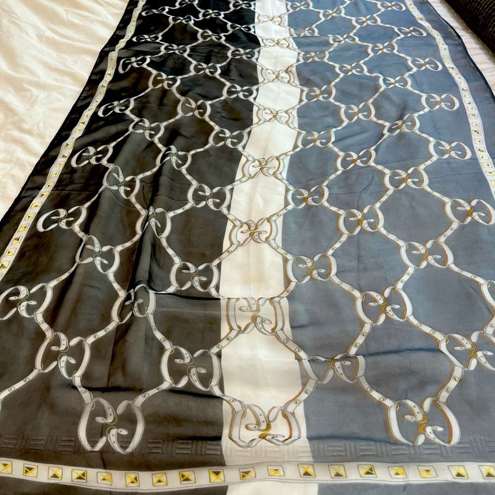 Gucci Black and White and grey 100% silk Scarf with Gold Accents